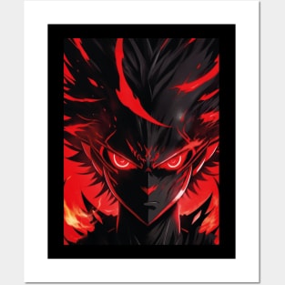 A red black shadow in an anime style with red eyes and flames behind it. Posters and Art